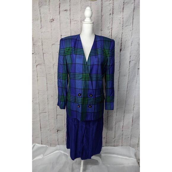 Kasper Vintage Womens Purple Blue 2 Pc Suit Skirt Jacket Double Breasted Blazer - Picture 1 of 12